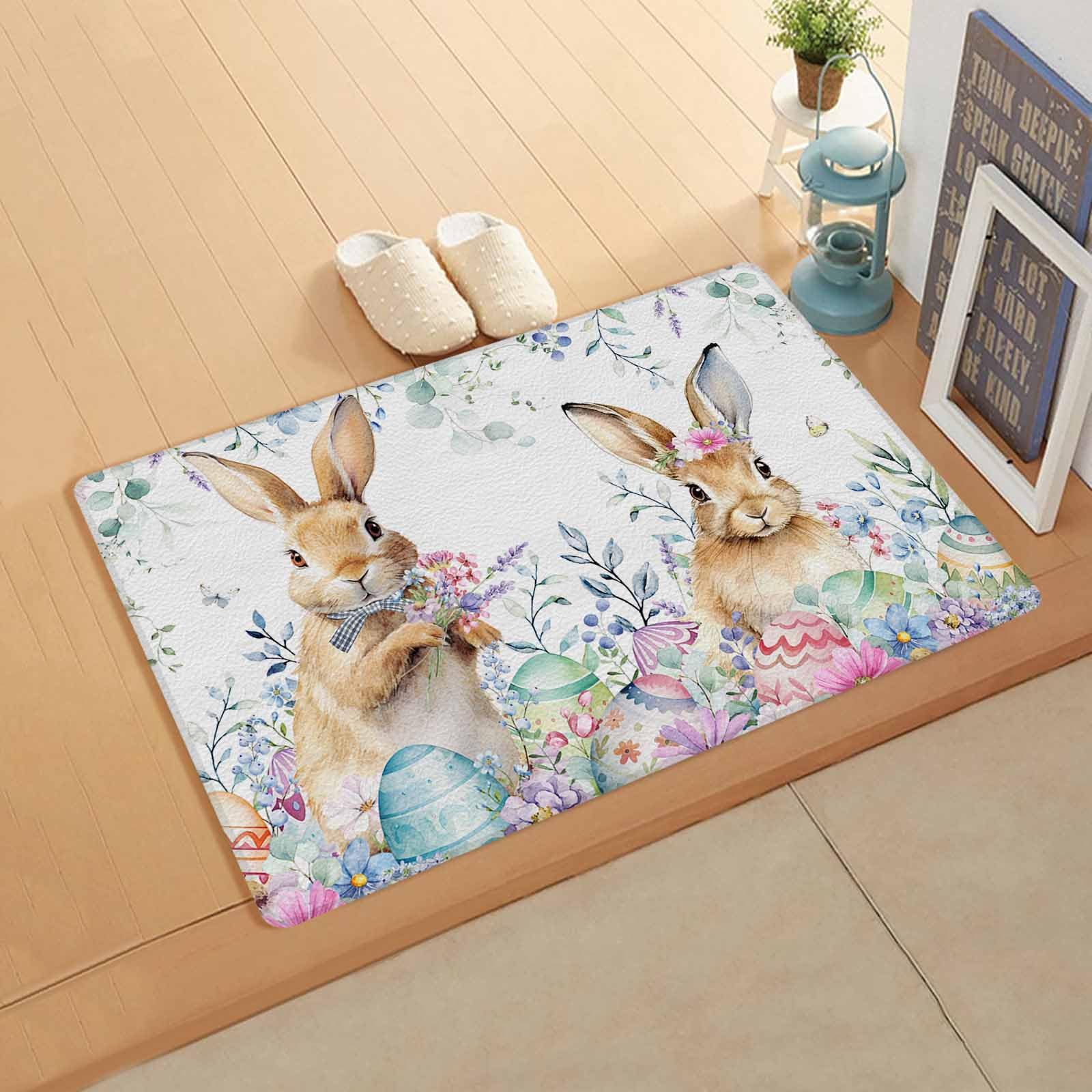 Easter Spring Kitchen Bath Door Mat Cushioned Runner Rug,Washable Welcome Floor Sink Antifatigue Mat,Waterproof & Non-Slip Comfort Standing Doormat,Eucalyptus Leaves Flower Plant Eggs Bunny 18
