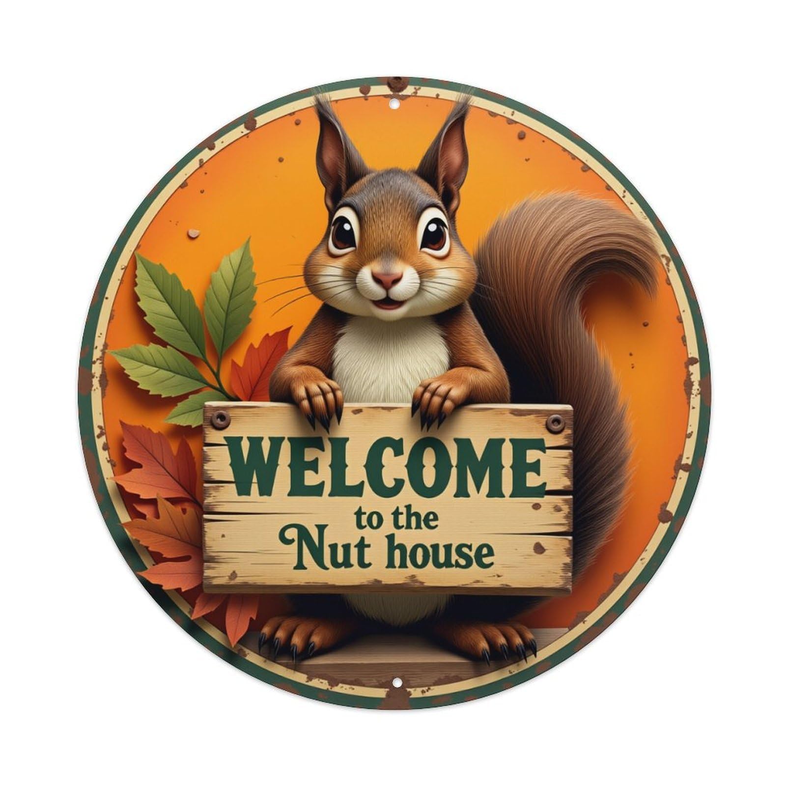 Squirrel Holding Sign Autumn Leaves Round Tin Sign Retro Metal Sign for Cafe Bar Pub Home Game Room Gym Club Wall Decoration Vintage Metal Poster 8x8 Inch