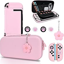DLseego Carry Case for Switch 2, Carrying and Storage Pouch with Sturdy Protective Case, Thumb Grip Cap and 1 Flower Charm, Pink