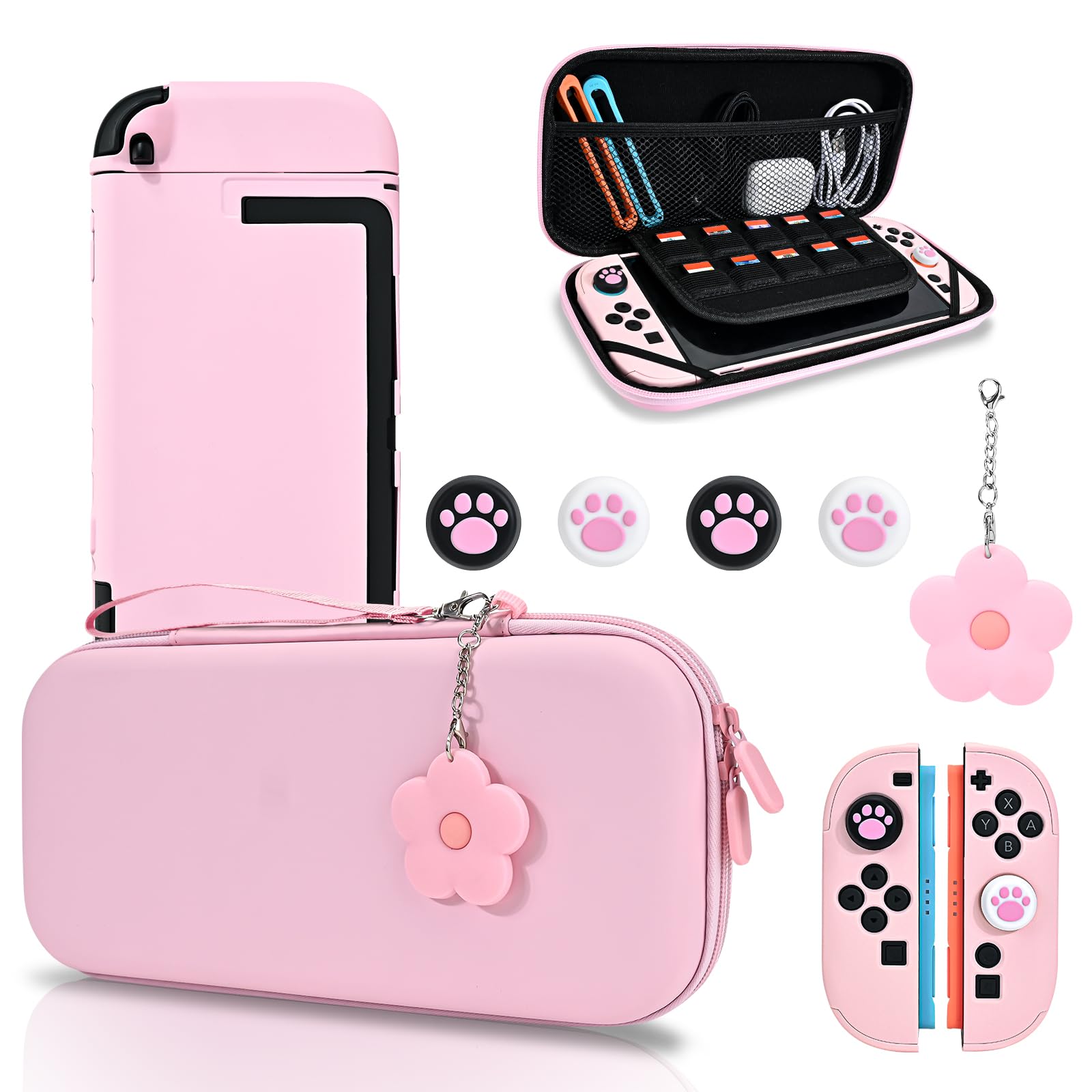 DLseego Custodia da Trasporto Solo per Switch 2, Custodia da Viaggio con Guscio Protettivo Robusto, 4PCS Grip Cover e 1PC Lovely Flower Charm,Rosa