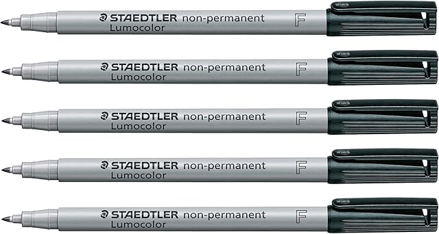 STAEDTLER Lumocolor 316-9X Non-Permanent Water Soluble Ink Suitable for Almost All Surfaces Line Width F 0.6 mm Refillable Long Life 5 Black Pens