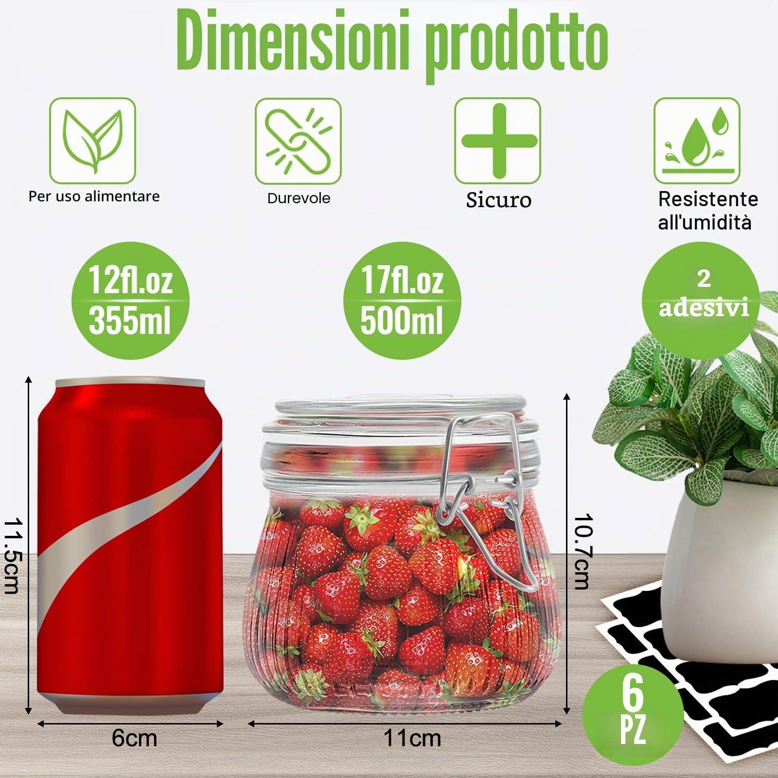 6 Barattoli Ermetici A Clip Da 500ml, Barattoli Ermetici Per Alimenti Con Etichette, Anello Di Gomma Barattoli Vetro Con Coperchio Per Vasetti Marmellata Cereali, Chicchi Di Caffè, Spezie