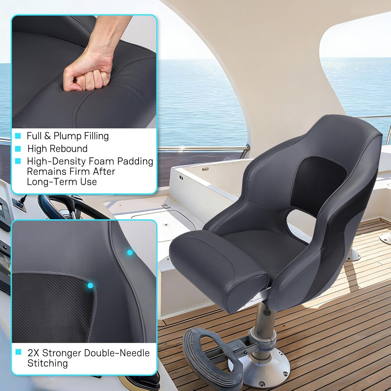 High Back Pontoon Captain Seat Marine Boat Bucket Seats Premium Sports Flip Up Captains Chair with Armrest