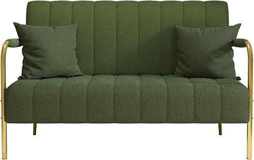 Miniatura 5 de Sofá biplaza moderno de 59 pulgadas, cómodo sofá de forro polar de peluche con 2 almohadas y patas de metal, mini sofá tapizado de 2 plazas para