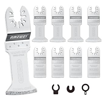 AMZWEI 8PCS Diamond Oscillating Tool Blades, Curved Edge Long Multi Tool Blades for Grout Removal, Cleaning Mortar, Fit Dewalt Milwaukee Rockwell Ridgid Ryobi Chicago Craftsman.Thickness 1/13 Inch