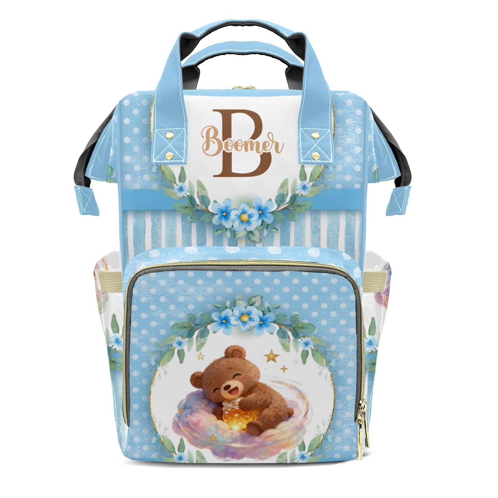 Custom Name Diaper Bag Backpack Gift Watercolor Floral Wreath Dot Teddy Bear Multifunction Travel Backpack Nappy Bag Daypack for Mom Dad Boy Girl