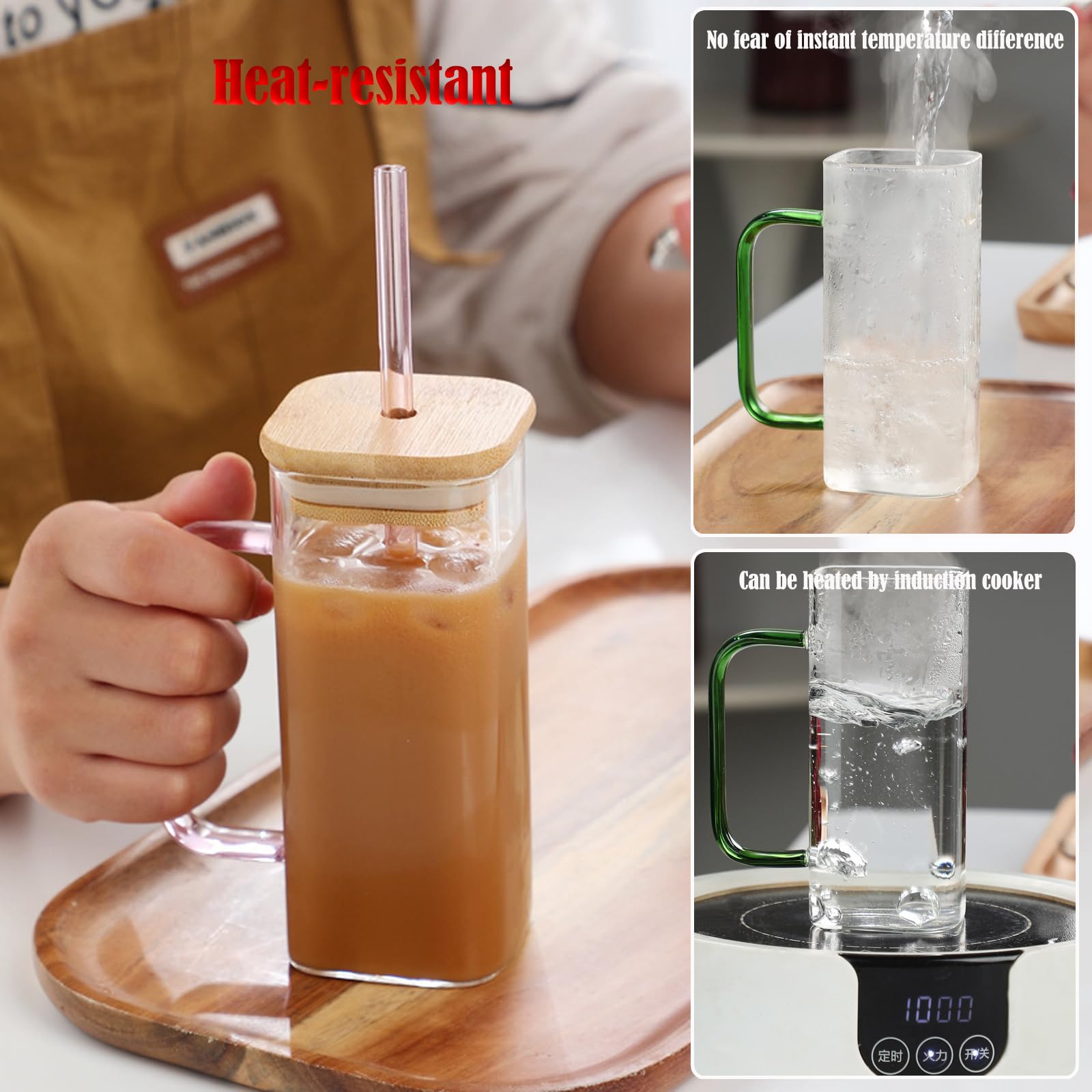 Amazon.com: Generic Glass Drinking Cup 40 oz Square Glass Tumbler with  Handle Clear Coffee Cups with Lids and Straws Portable Water Bottles Milk  Jar Can hold various beverages. (Green), Onesize : Home