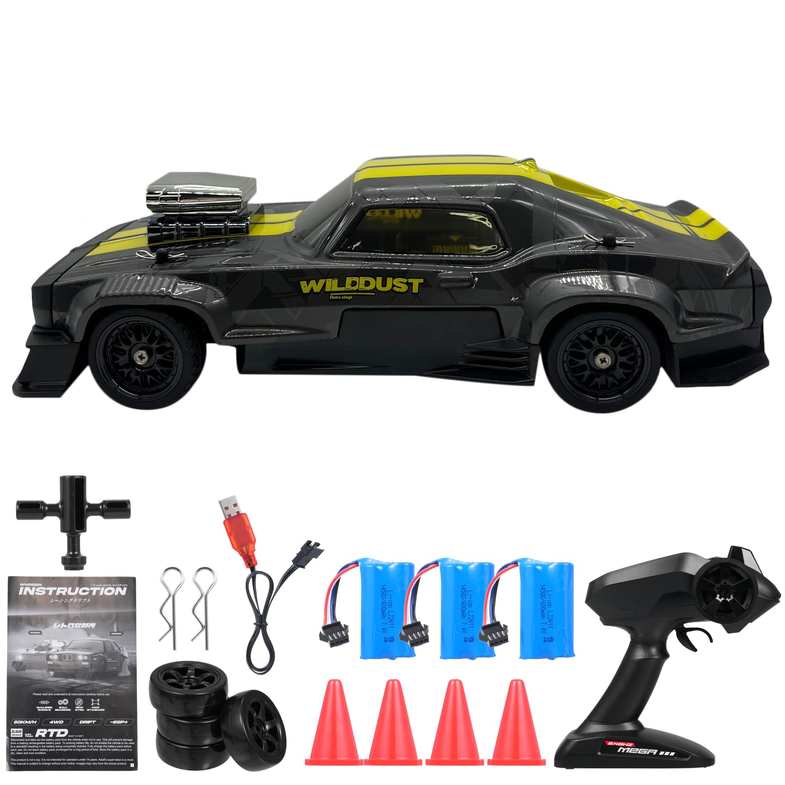 Domary 2.4GHz 50KM/H RC Drift Car Veicolo Telecomandato Ad Alta velocità in Scala 1:16 con Luci a LED Pneumatici Intercambiabili Gyro Stunt Car per Ragazzi Ragazze Regali di Compleanno