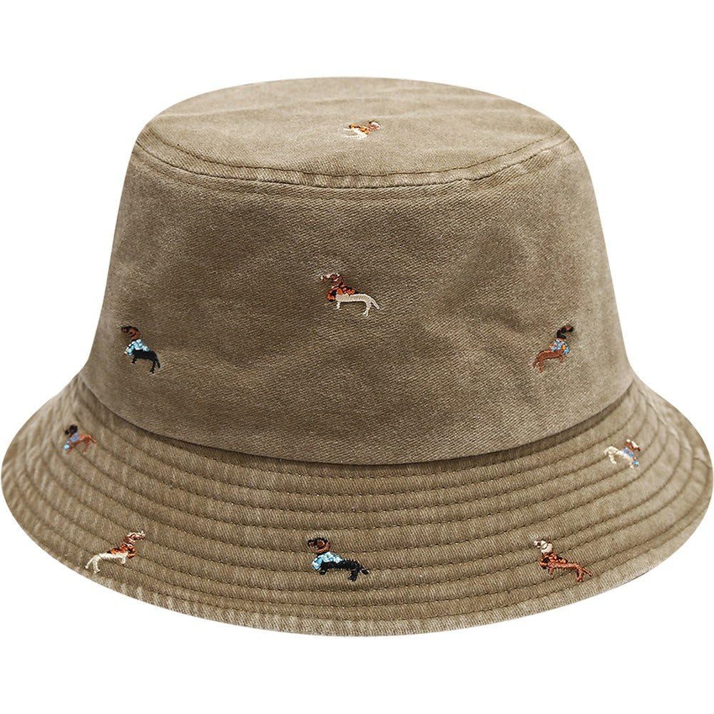 Sslvya Embroidered Dachshund Bucket Hat, Retro Washed Cotton Fisherman Cap Unisex Outdoor Casual Summer Sun Hat