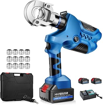 Electric Hydraulic Crimping Tool, 8AWG-600MCM Rechargeable Hydraulic Crimper for Cu/Al Terminal, Continuously Crimp Wire Cable Lug Crimping Tool Kit with 12 Dies 2Pcs Lithium Battery XT-300