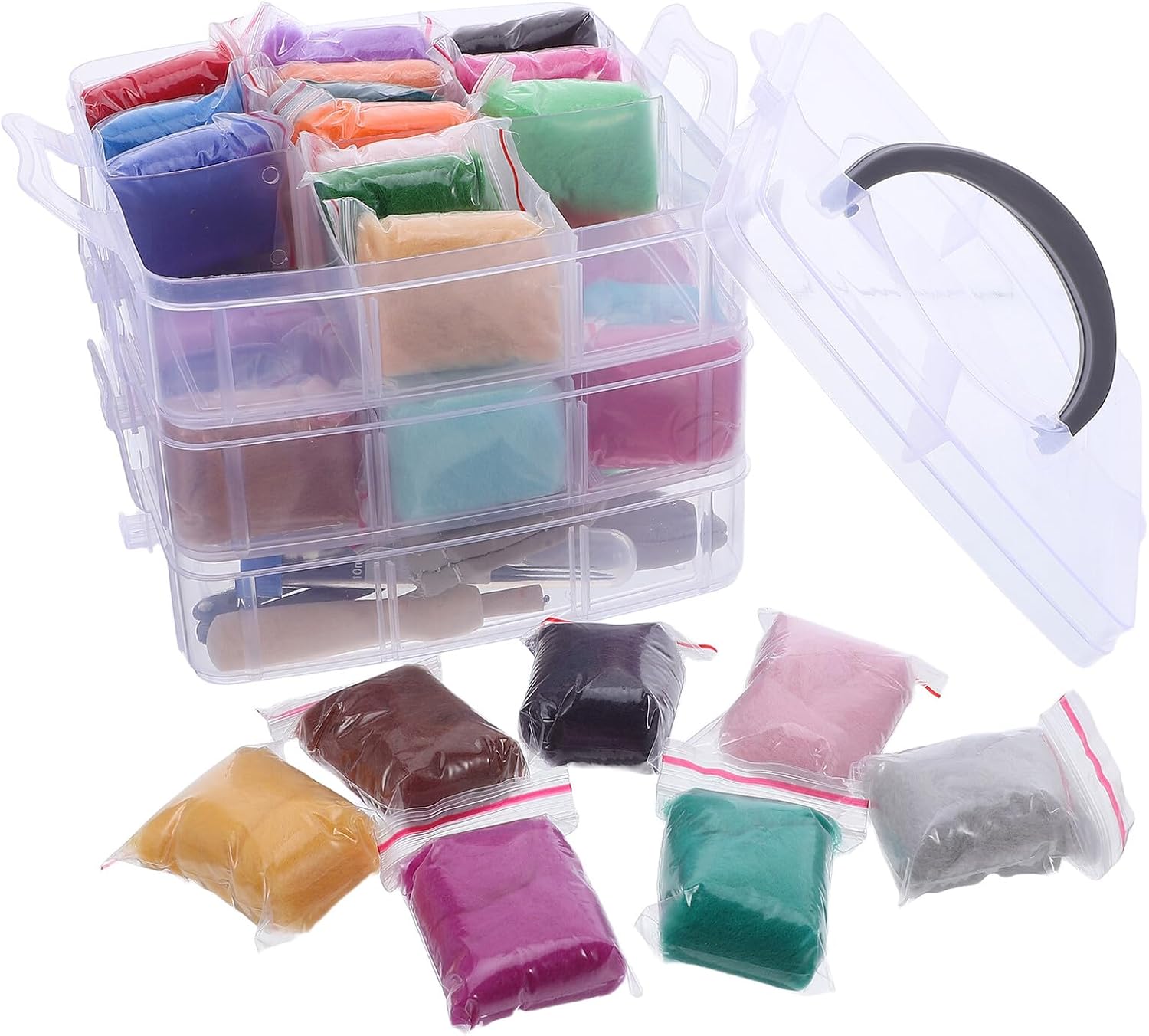 IDEANATEGRATE Wool Felting Kit with 40 Colors Wool Roving, Needle Felting Tools and 3-Layer Storage Box, DIY Craft Supplies for Beginners and Family Needlework Projects