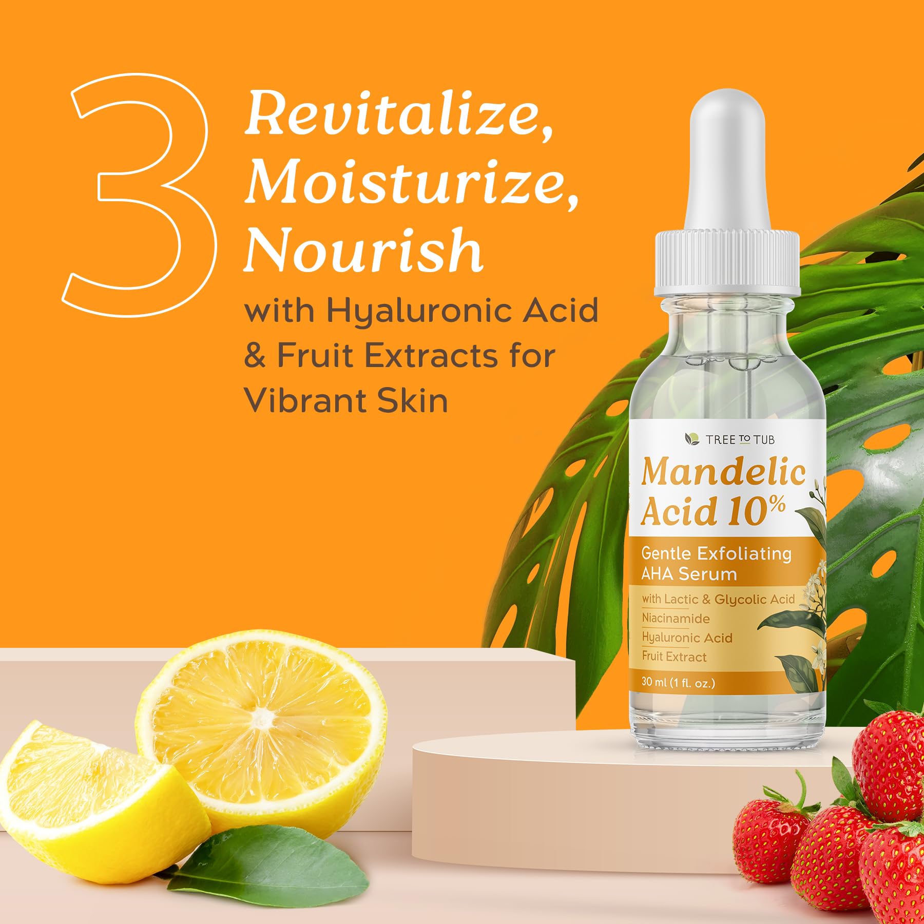 Tree To Tub Suero de ácido mandélico, suero AHA exfoliante suave al 10 %, suero mandélico con ácido láctico y glicólico para una piel más suave, ácido hialurónico para hidratar, cuidado de la piel