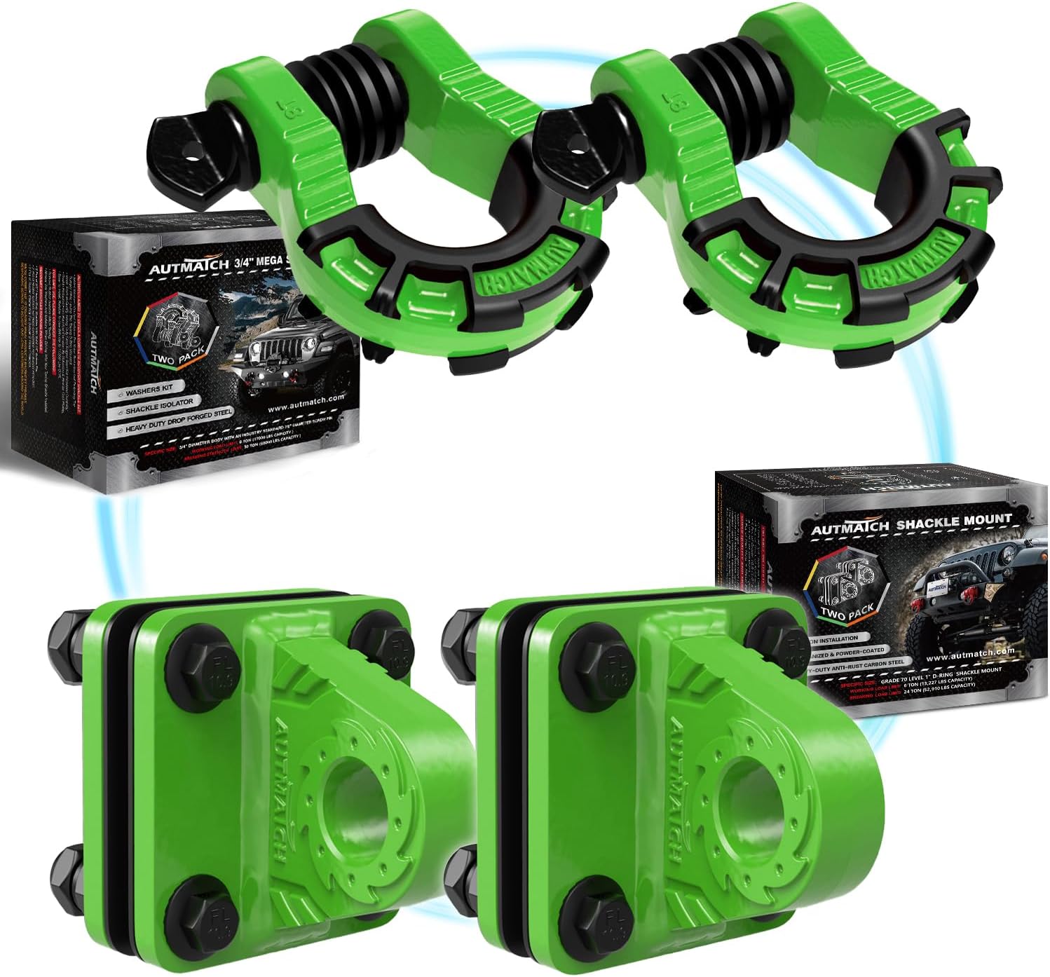 AUTMATCH Mega D Ring Shackles with Shackle Mount, Bolt On Clevis Mount Bumper Shackle Bracket, Use with Tow Strap, Winch, Off-Road Vehicle Recovery Truck, Green