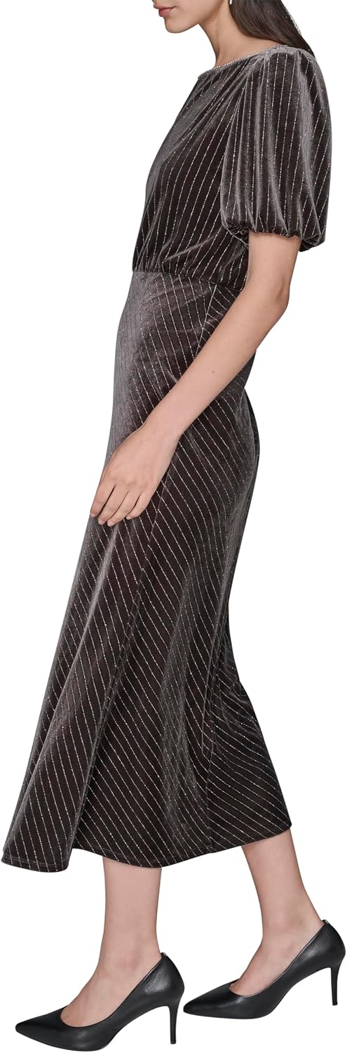 Karl Lagerfeld Women's Short Sleeve Velvet Pinstripe Midi Dress
