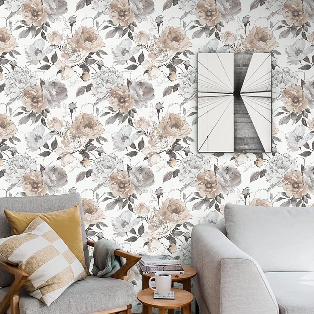 Vintage Rose Grey Leaf Peel and Stick Wallpaper Pale White brown Floral Peony Flowers Easy Peel Off Self Adhesive Removable Stick on Wall Paper for Kitchen Cabinet Renter Friendly 17.71”x118.1”