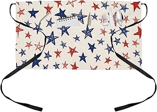 OComster 4th of July Waist Server Aprons, Hand Draw Red Blue Star Independence Day Waitress Apron with Pockets, Waiter Apron