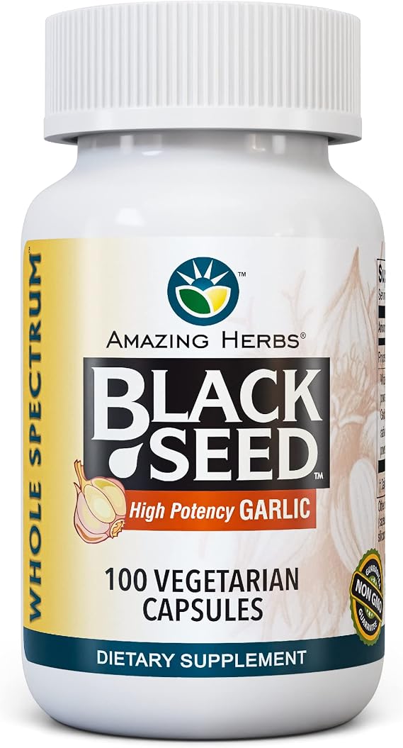 Amazing Herbs Whole Spectrum Black Seed & High Potency Garlic, Vegetarian Capsules - Gluten-Free, Non-GMO, Vegan, Helps Supports Immune System - 100 Count