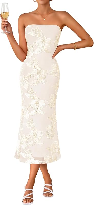 ZESICA 2026 Summer Strapless Floral Cocktail Wedding Guest Dress for Women | Formal Bodycon Mesh Tube Midi Dresses, Elegant Bridal Shower Bridesmaid Birthday Holiday Dinner Party, Fashion Evening Gown