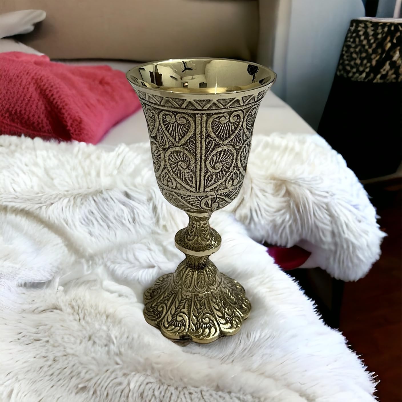 Handcrafted Brass Goblet - Antique Design Wine Chalice Cup for Wine, Mead, Whiskey | Premium Quality & Elegant Engravings | Perfect for Weddings, Gifts, Medieval Decor (Polsihed Brass)