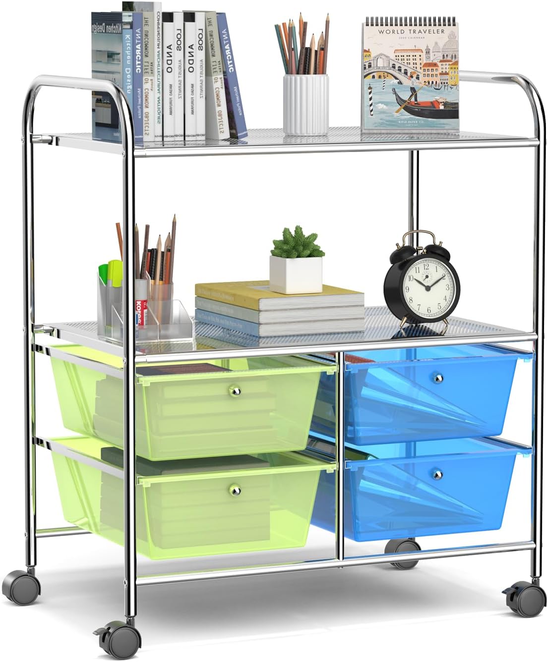 RELAX4LIFE Rolling Storage Cart with 4 Drawers, Utility Cart on Wheels w/2 Shelves & Metal Frame, Paper Scrapbook File Organizer for Home Office School Classroom, Movable Art Craft Cart (Green)