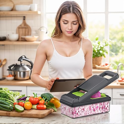 Miniatura 7 de Picador de verduras 12 en 1, picador de verduras de 7 cuchillas con recipiente y tapa, cortador, rebanador, utensilios de cocina multifuncionales,