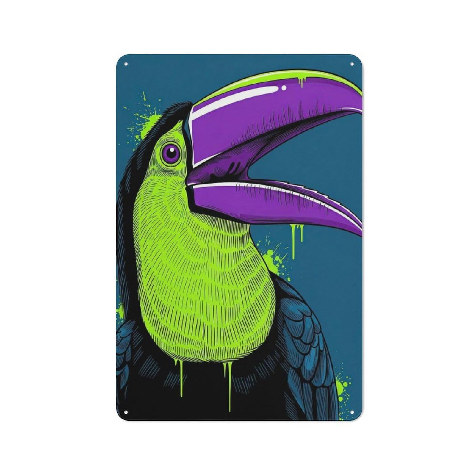 Tin Wall Plaque 30x20cm with Vibrant Toucan with Neon Colors for Hobby Room Or Studio, for Home Interiors, Feature Walls And Decorative Displays