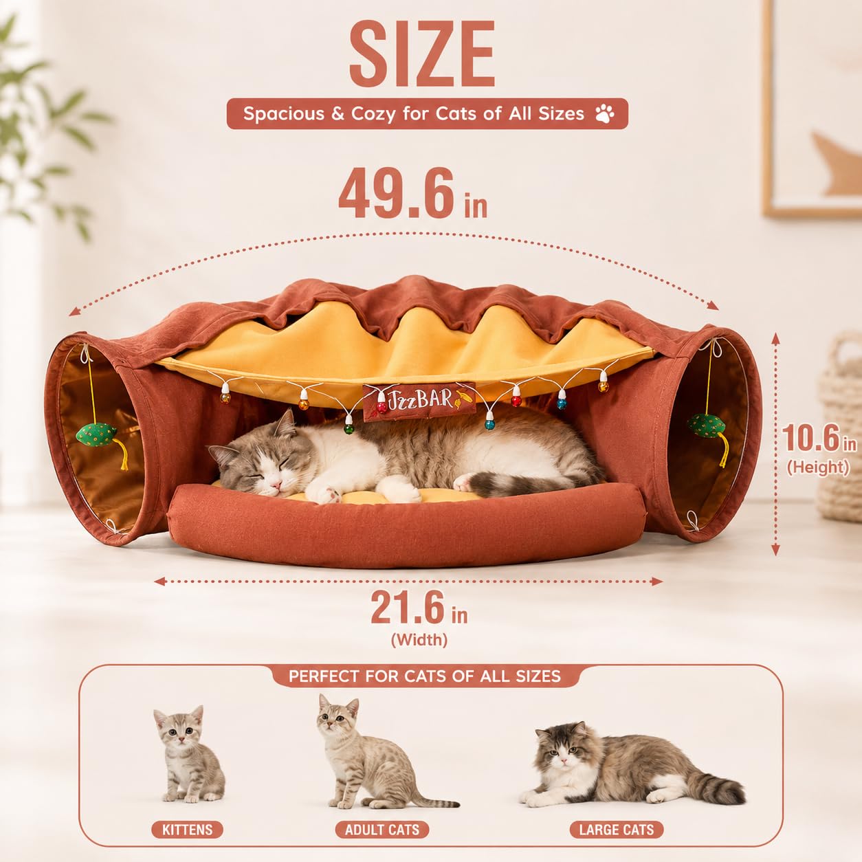 House Of Pets 2-in-1 Cat Bed and Tunnel, Scratch-Resistant Canvas, Collapsible Washable Cushion, Indoor Cozy Play & Rest Space for Small to Large Cats β Jazz Terracotta