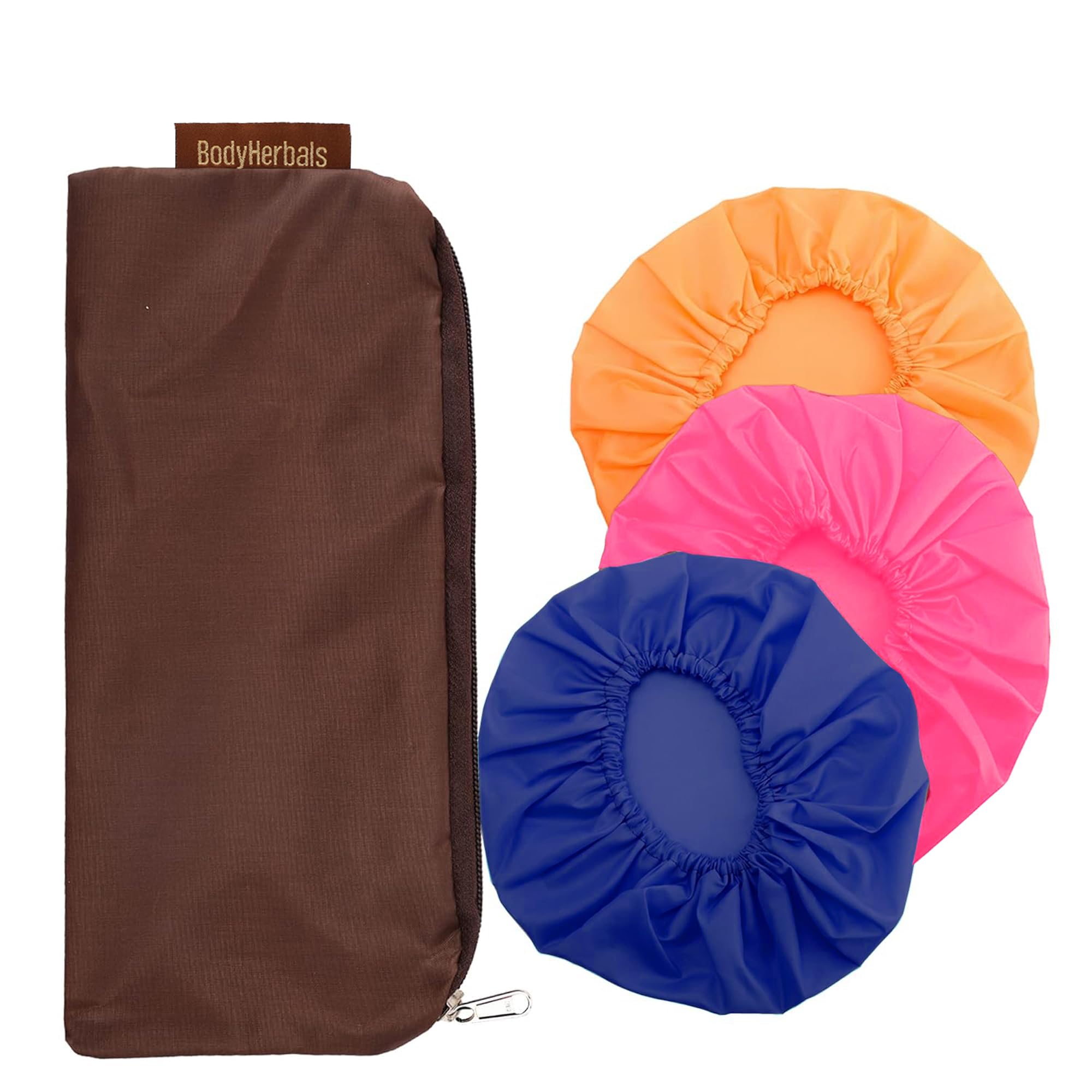 BodyHerbals 100% Water Proof Reusable Shower Caps (Pack Of 3) in a Beautiful Zip Bag For Women & Men | For Homes Spas, Salons, Hair Treatments & Hotels | Travel Essential | Free size (Orange)-picture-43