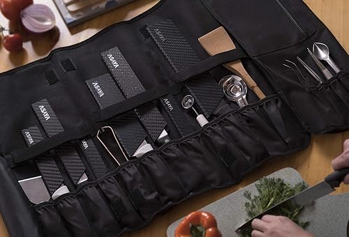 Miniatura 10 de Asaya Bolsa enrollable para cuchillos de chef, 20 bolsillos en total para cuchillos y utensilios de cocina, fabricada con nailon encerado resistente