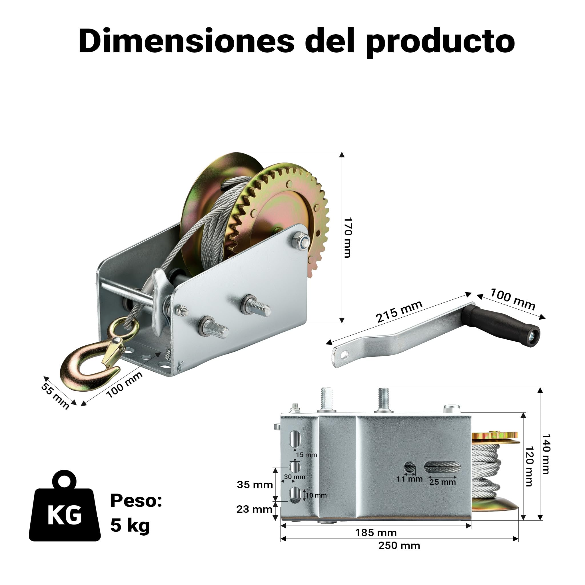 Cabrestante manual hasta 1100kg 8m 4:1 8:1 Polipasto manual Torno cable forestal Fuerza de tracción