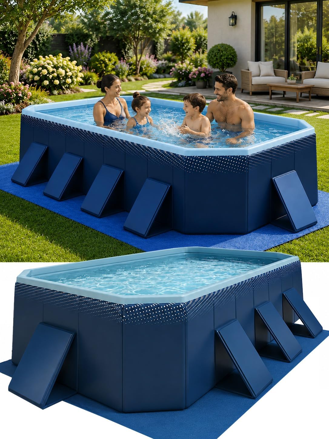Foldable Pool for Adults with Ground Cloth 115"×65"×22" | Non-Inflatable Pool for Backyard Outdoor Summer Water Party Collapsible Folding Dog Pool Swimming Pool Blue