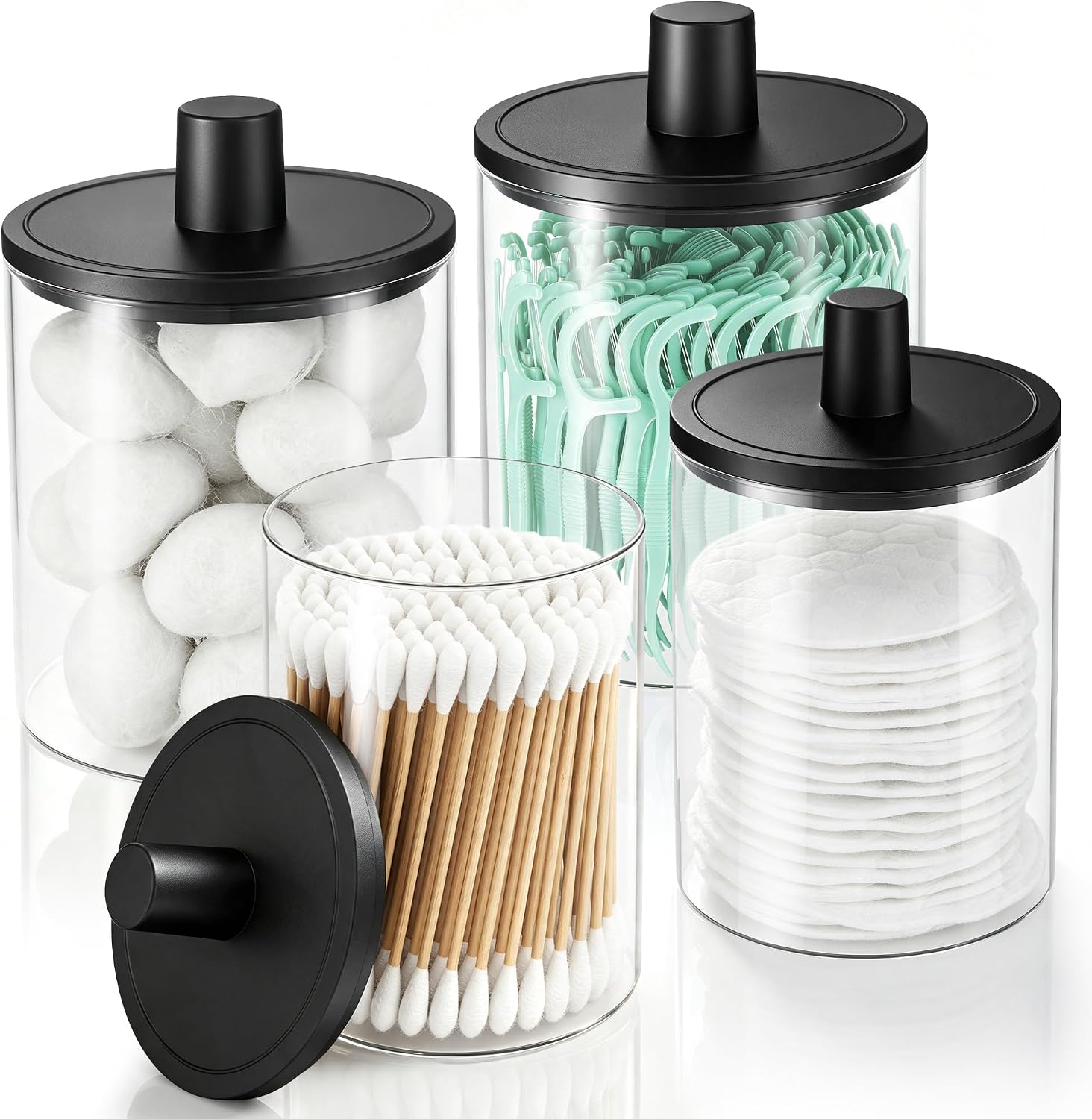 Glass Qtip Holder Dispenser - 4 Pack, Bathroom Decor and Organizer | Clear Canister Apothecary Jars with Lids for Cotton Swabs, Balls, Pads, Floss Picks, Vanity Bathroom Accessories Storage Set