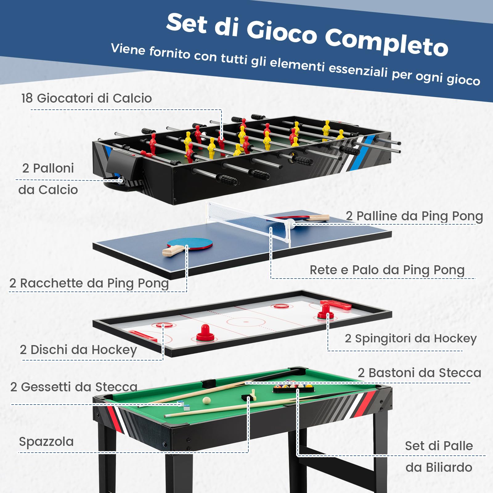 COSTWAY 4 in 1 Tavolo Multigioco, Calcio Balilla/Tavolo da Biliardo/Ping Pong/Air Hockey, Calcetto Multigioco Impilabile per Casa Feste Bar, 125x97x83 cm