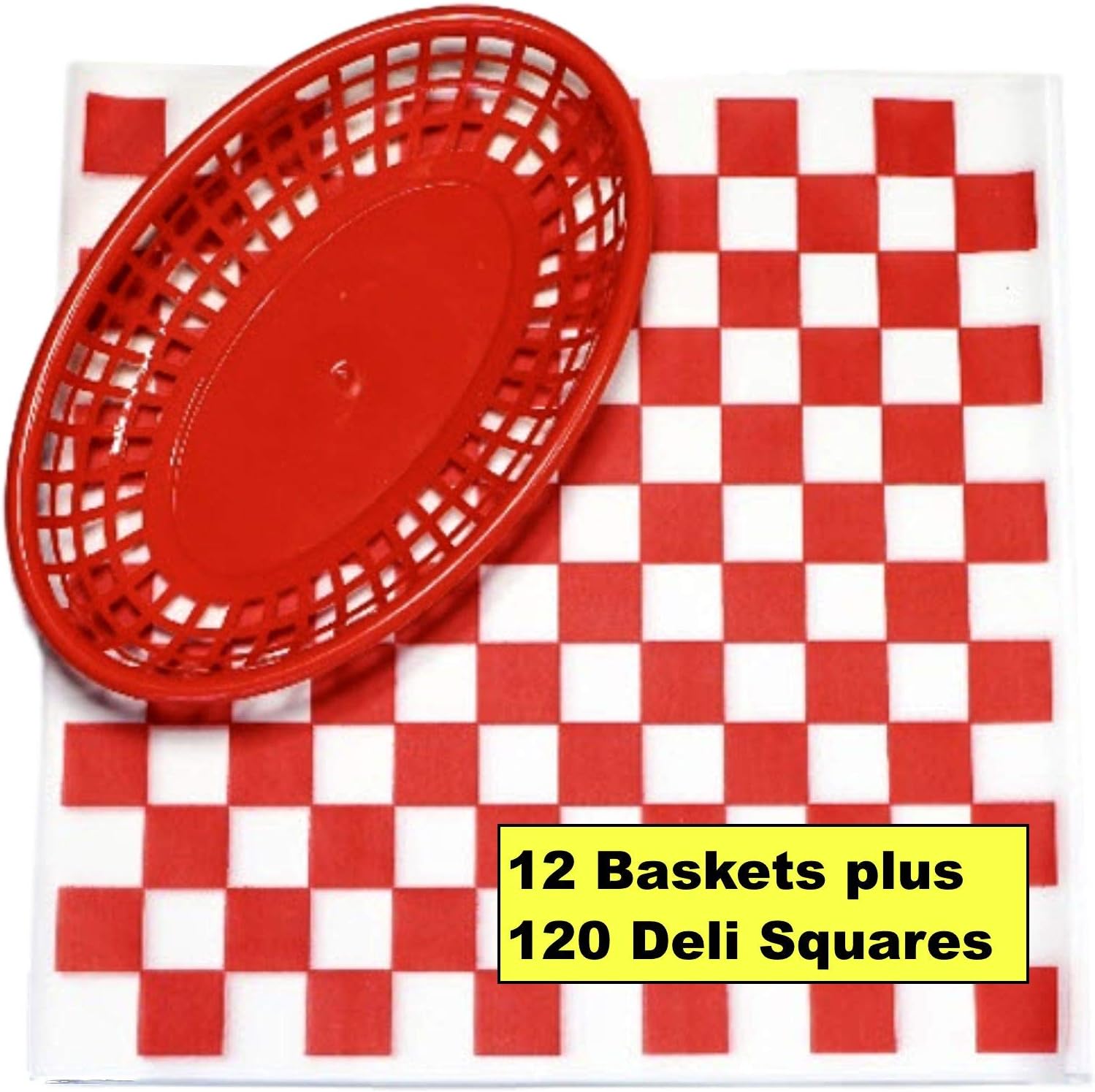 12 Red Plastic Oval Food/Burger Baskets plus 120 Checkered Deli Paper Liners. Restaurant/Food Tray Basket Sets for Barbecues, Picnics, Parties, Kids Meals, Outdoors.