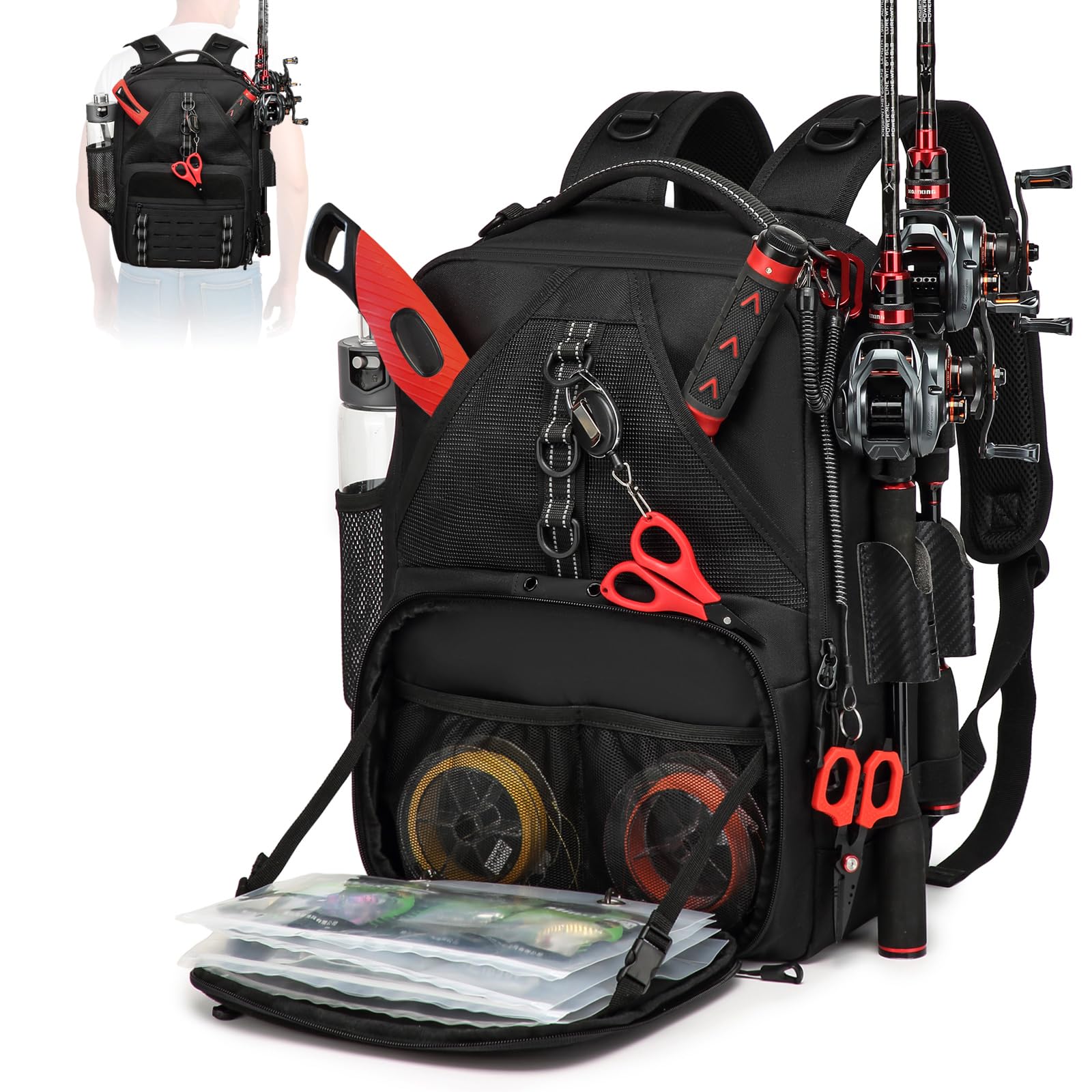 backpac tackle bag Lightweight Fishing Backpack With Water Resistant Build All In One Rod Holder And Gear Storage For Outdoor Anglers Ultra Capacity With Multiple while the molded Fishing Tackle Backpack 2 Rod