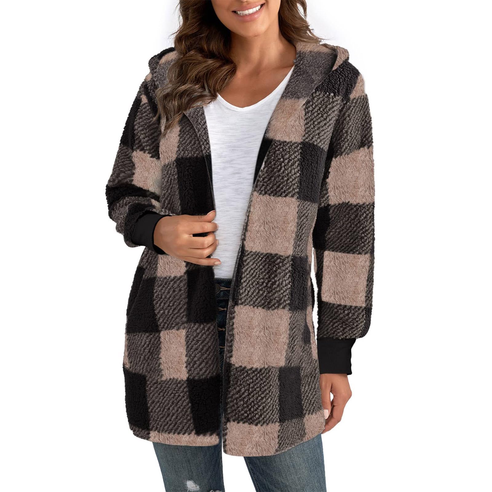 Women Fuzzy Fleece Jacket Lightweight Warm Winter Coat Open Front Cardigan Sweater Flannel Plaid Jacket Plush Cardigan