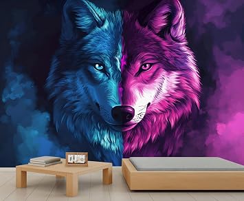 Wolf Wallpaper, Animal Wall Mural Home Decor, Red and Blue Wallpaper Large Murals for Living Room Apartment 118" x 83"Not Peel and Stick
