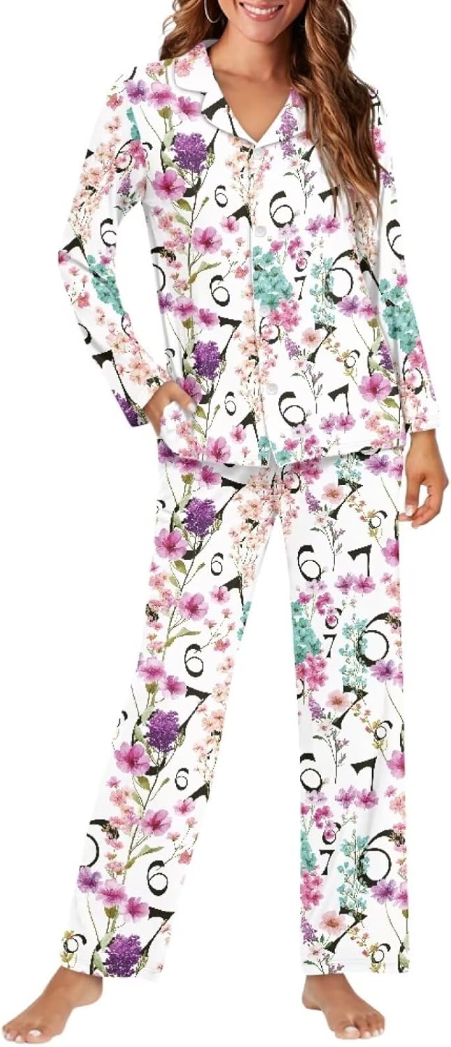 Soft Pajama Set for Women Long Sleeve Button Down Sleepwear 2-Piece