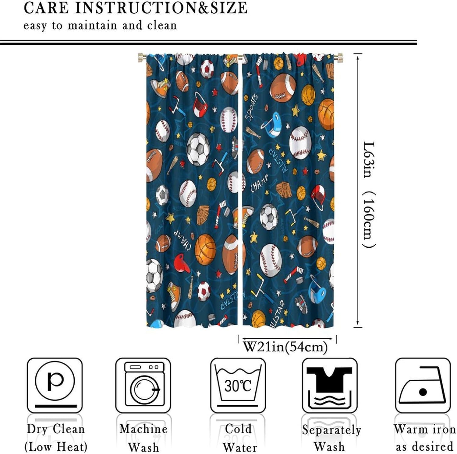 Kids Bedroom Window Curtains, Basketball Soccer Baseball Sports Theme Teenage Boys Home Living Room Blackout Curtains Set 2 Panels,42x63 Inches