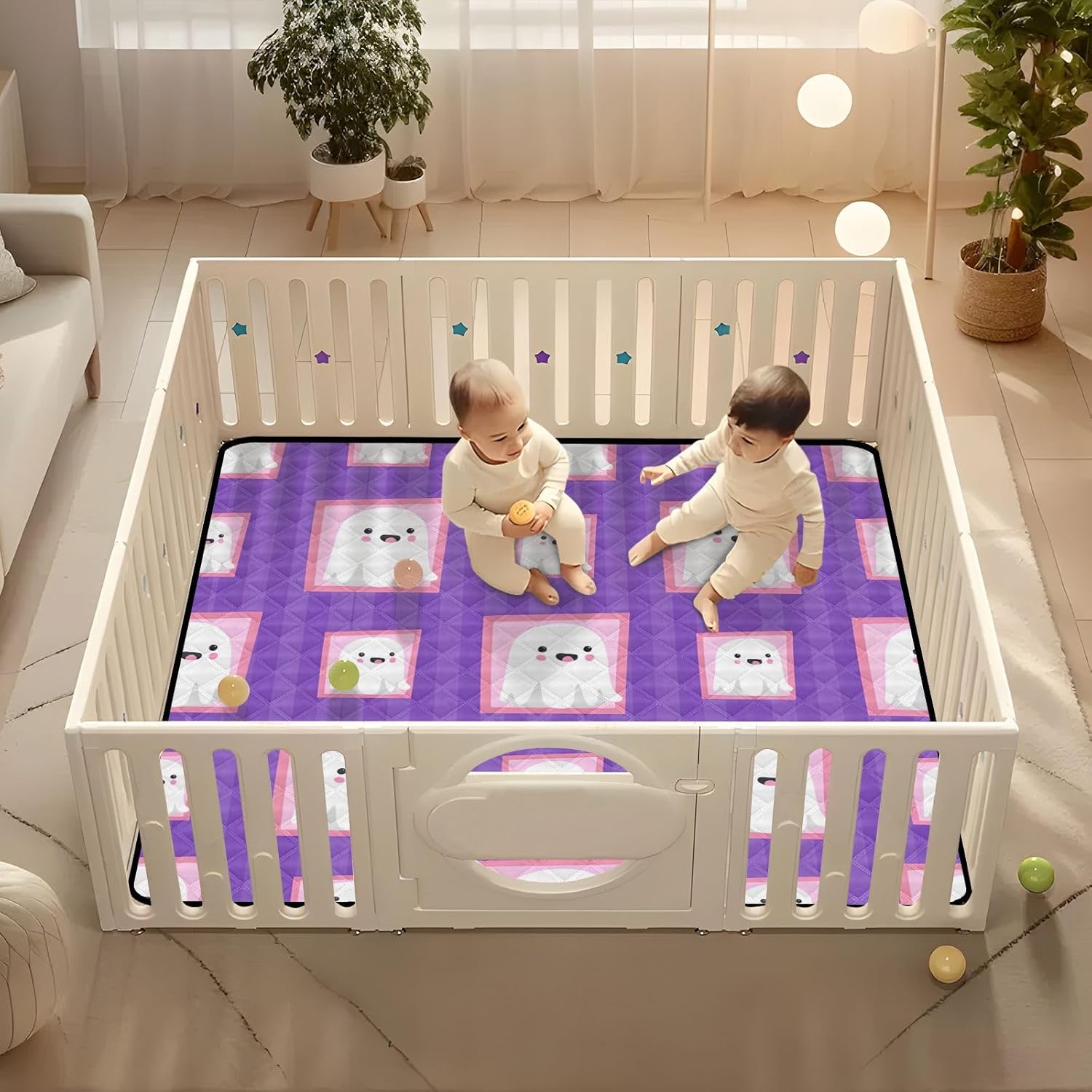 Doodle Cute Ghost Baby Play Mat, 50“ X 50” Washable Folding Crawling Mat, Baby Floor Mat, Soft, Non-Slip