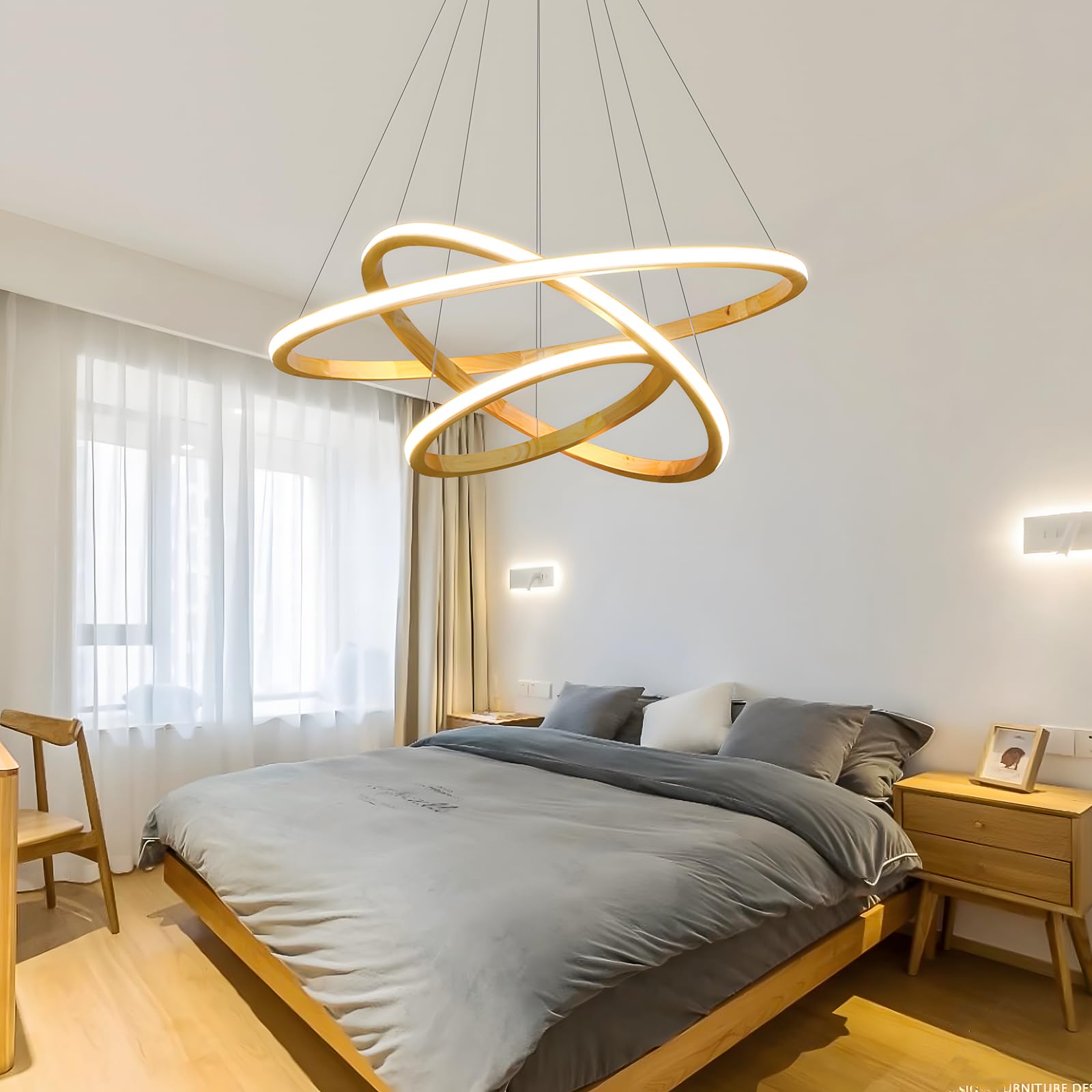 Holz LED Kronleuchter, Deckenleuchte, Dimmbare 3 Ring Holzleuchte, Verstellbare Kreis Pendelleuchte Kücheninsel Esszimmer Wohnzimmer Foyer Zum Aufhängen 【40+60+80cm】