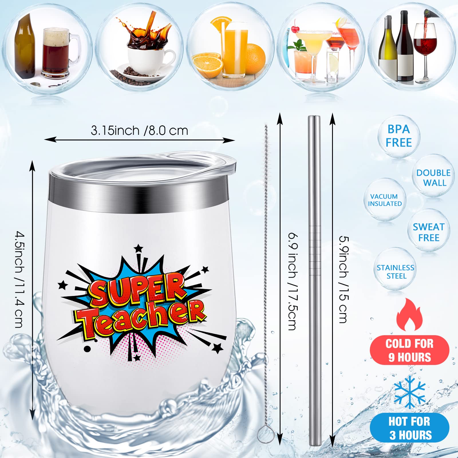 8 Pack Teacher Appreciation Tumbler Set – 12 Oz Stainless Steel Cups With Lids & Straws, Themed Designs - View #4