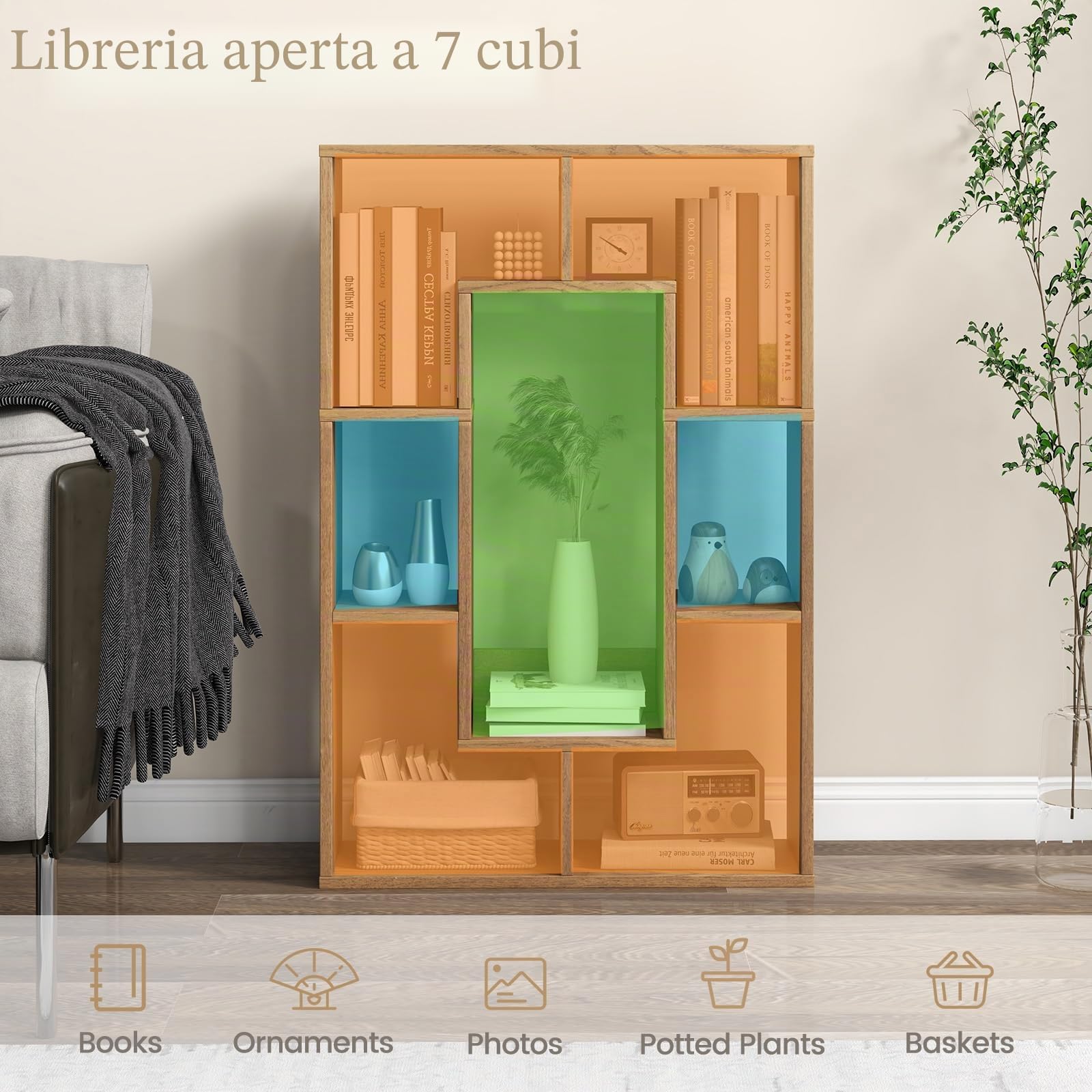 HOMASIS Libreria da Parete con 7 Cubi, Libreria Divisoria Ambiente con Protezione Antiribaltamento, Scaffale Geometrico Decorativa per Soggiorno, Studio, 60 x 20 x 90 cm (Naturale)