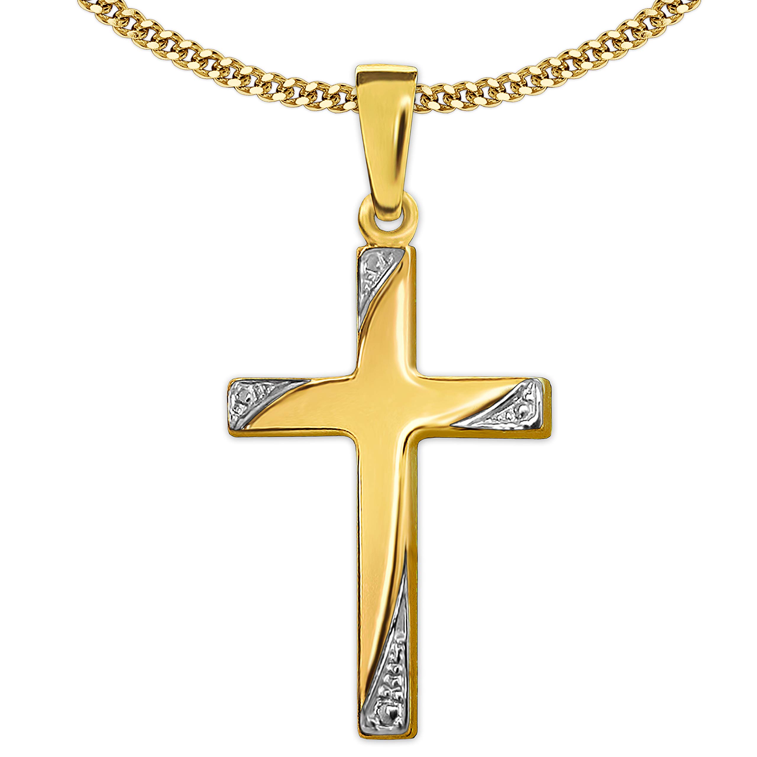 CLEVER SCHMUCK Erstkommunion Kinder Kreuz 19 mm Bicolor Kreuzenden verziert 333 Gold 8 Karat & vergoldeter Kette Panzer 38 cm im Kreuz Etui