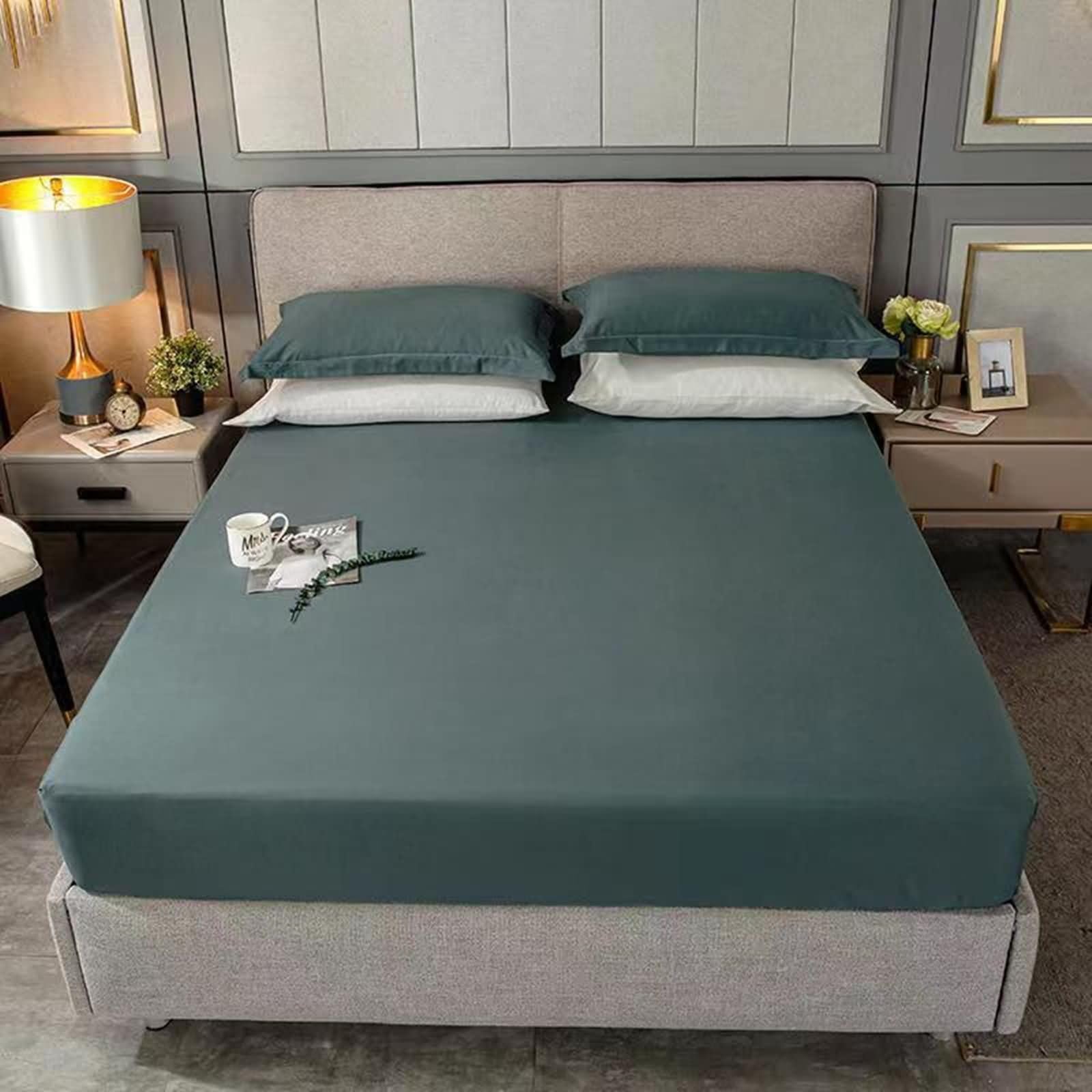 Drap Housse en Fibre de Bambou Élastique Lit Double, Couleur Unie, 180 x 200 CM, Vert Foncé