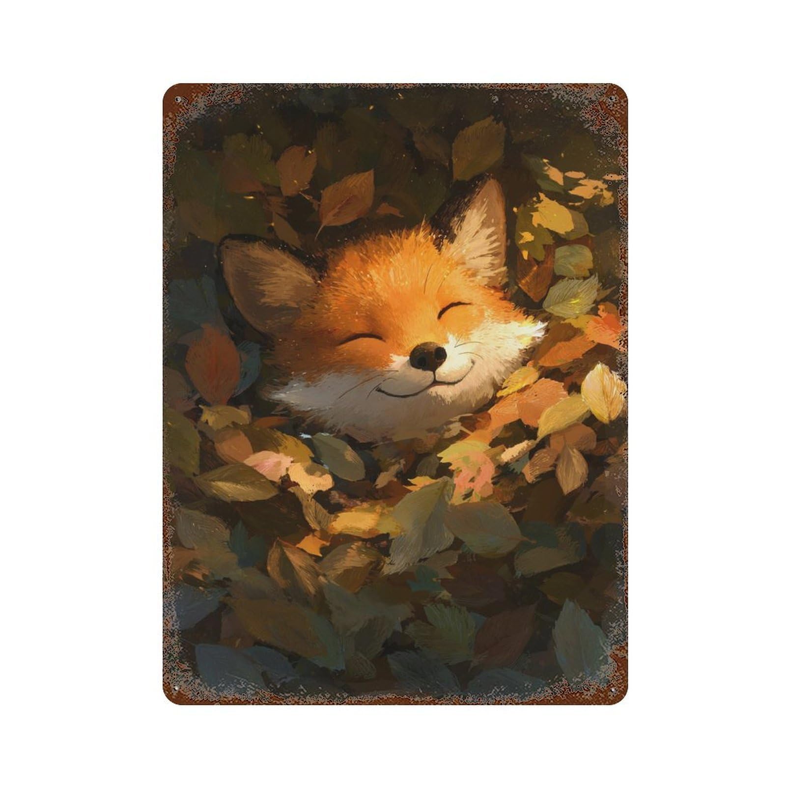 Rusty Metal Tin Sign Autumn Fox Resting-1 15.7"x11.8", Vintage Wall Decor for Shed, Workshop And Garage Wall Decor
