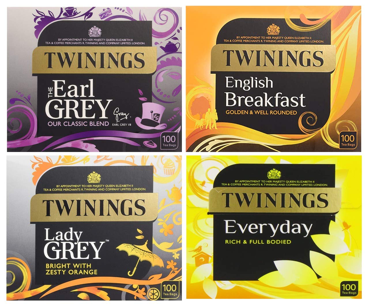 Twinings 4 Favor Tea Bags 400 Count (Earl Grey | English Breakfast | Lady Grey | Everyday Black Tea)