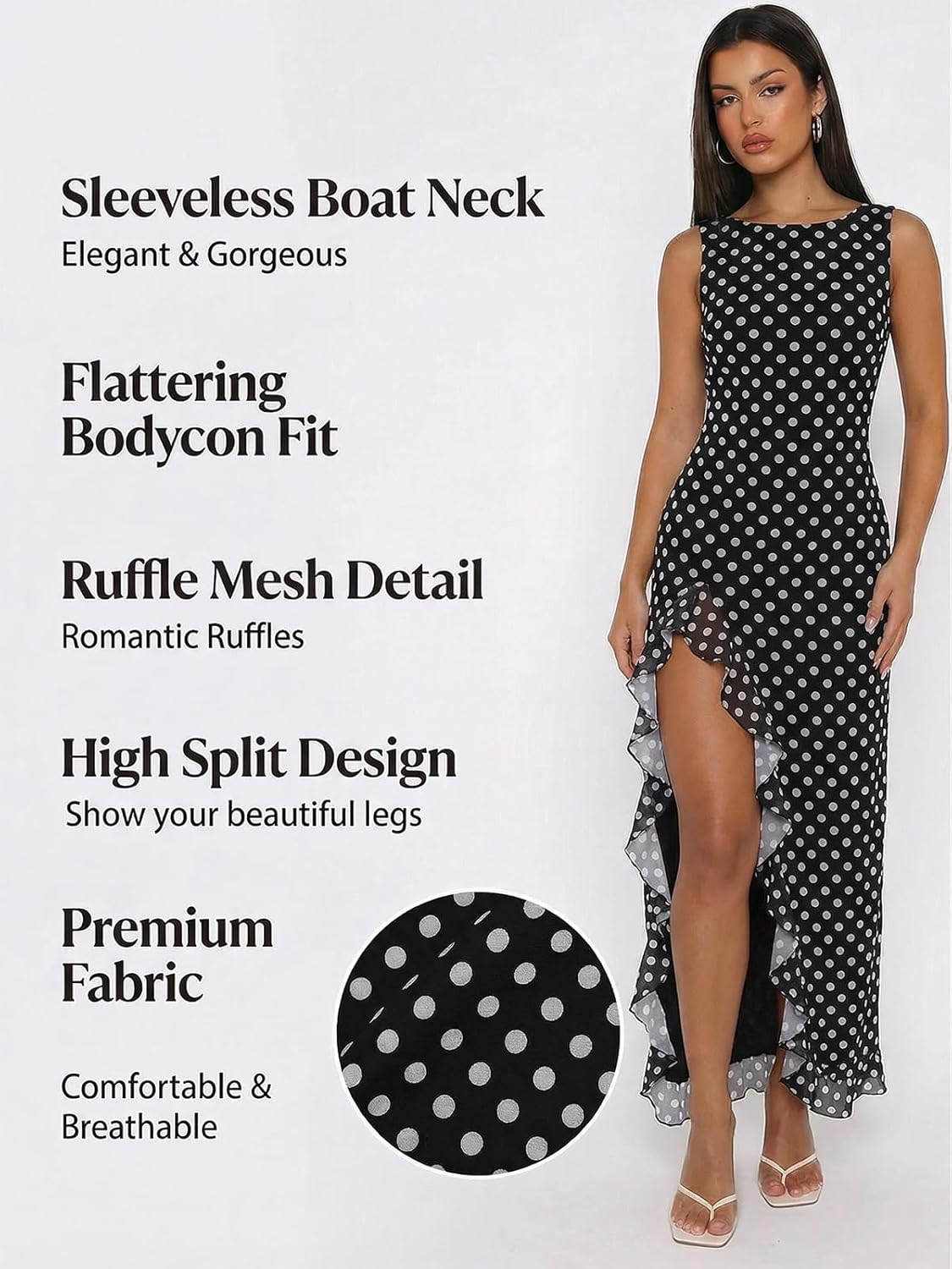 Women Sexy High Slit Mesh Ruffle Mermaid Maxi Dress Sleeveless Bodycon Wedding Guest Cocktail Party Dress