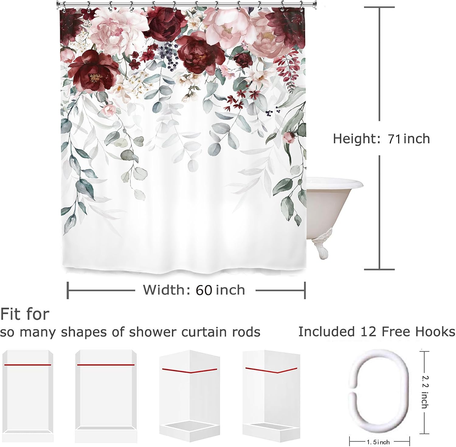 Eucalyptus Leaves Burgundy Flower Bathroom Shower Curtain 60W by 71H Inch Sage Green Farmhouse Floral Watercolor Plant Botanical Accessory Polyester 12 Plastic Hooks Waterproof Decor
