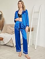 Vista 2 de Ekouaer Conjunto de pijama de satén largo clásico de verano para mujer